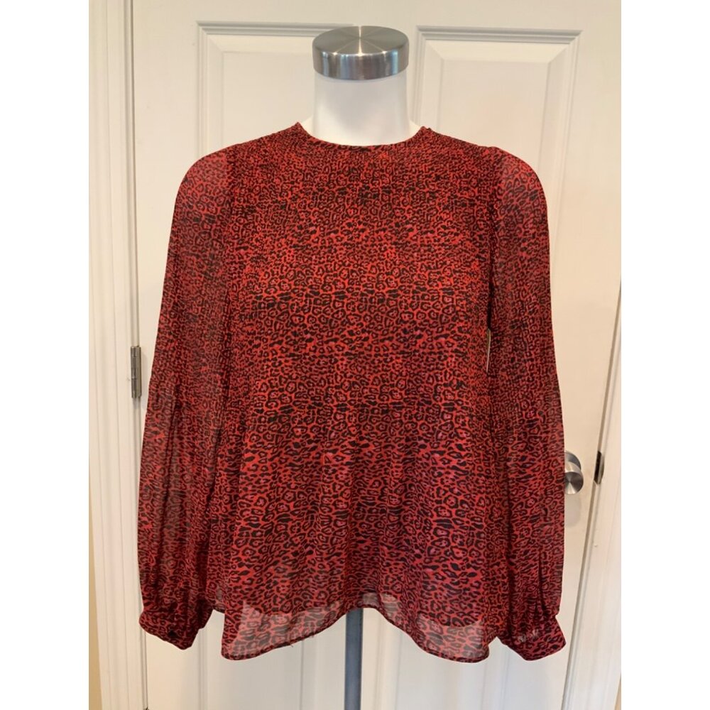 Zara TRF Collection Red & Black Animal Print Pleated Blouse Shirt, Size XS